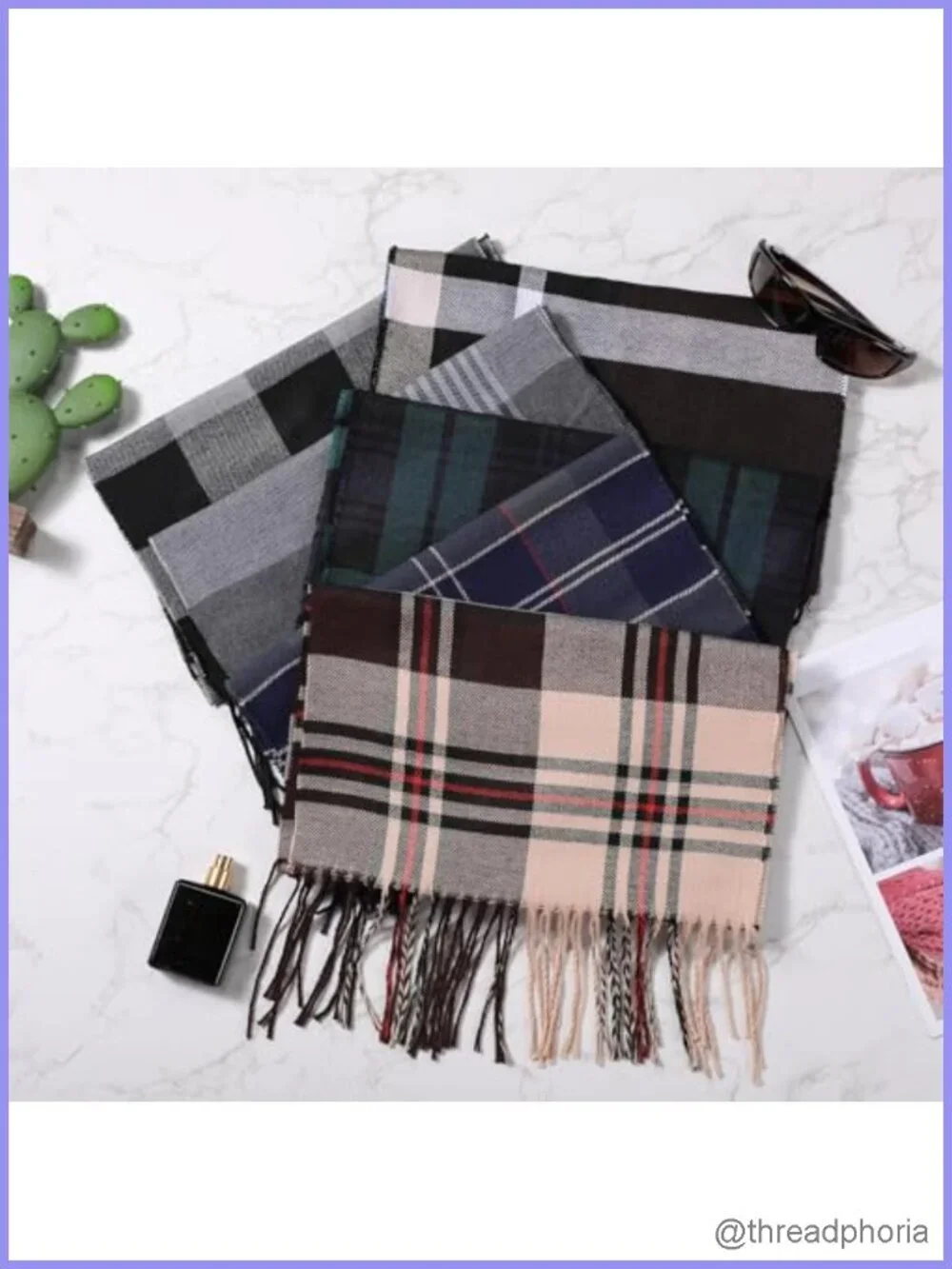 6 Pack Plaid Winter Scarves for Men & Women, Acrylic, Fringed, One Size